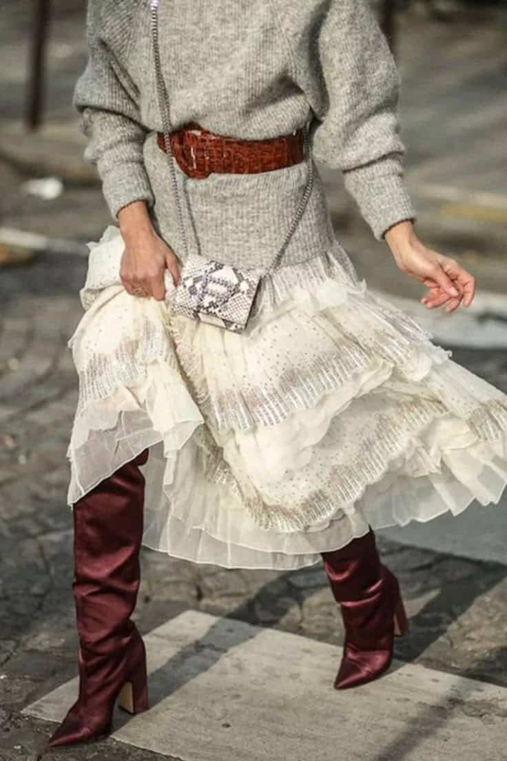 Grey Sweater with Tiered Ruffled Skirt and Burgundy Boots — Boho Winter Outfits