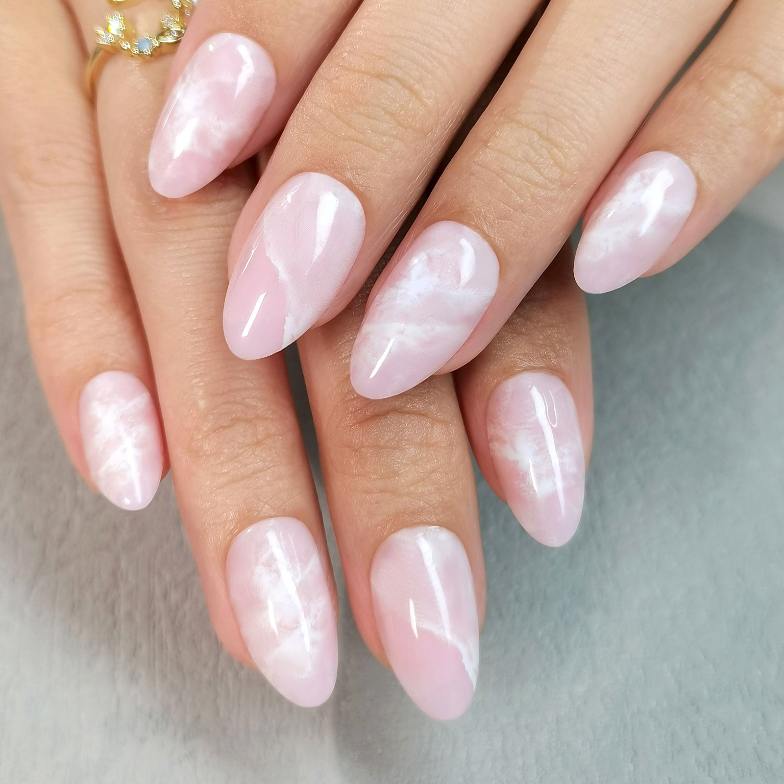 Pale Pink White Marble Oval Nails — Winter Marble Nails