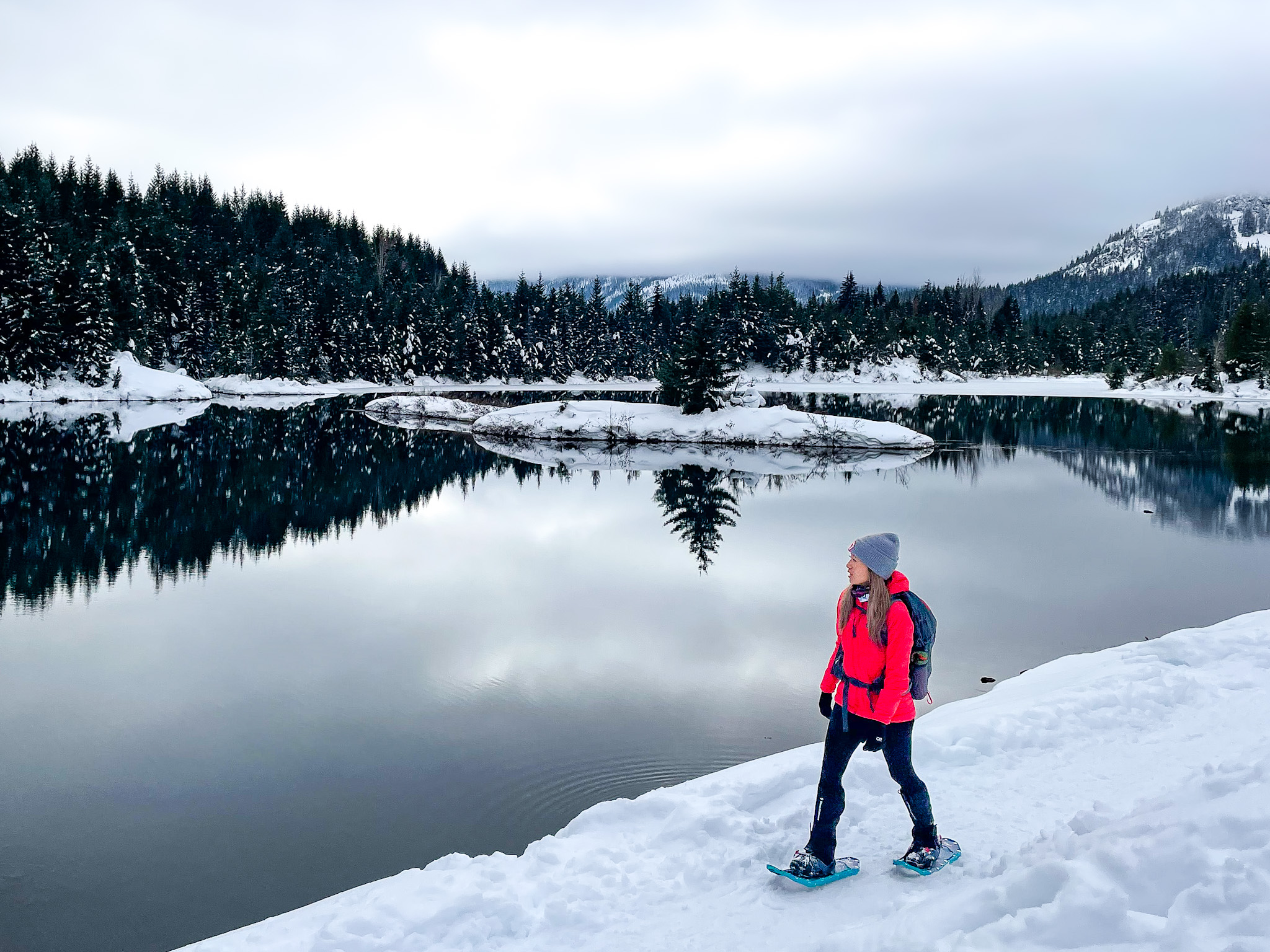 Red Jacket and Snow Boots for Lakeside Winter Walks Red Jacket and Snow Boots for Lakeside Winter Walks — Winter Hiking Outfits