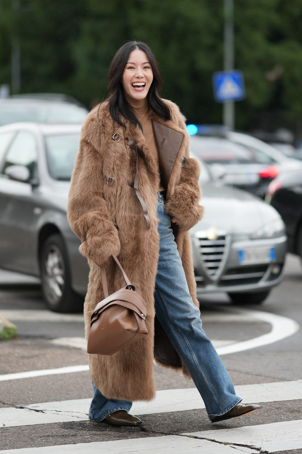 Cozy Daytime: Brown Faux Fur Coat with Tan Turtleneck Cozy Daytime: Brown Faux Fur Coat with Tan Turtleneck — Long Coat Outfits