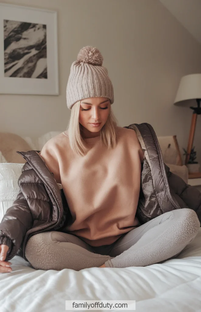 Brown Puffer Jacket Over Crewneck Sweatshirt and Fleece Leggings Brown Puffer Jacket Over Crewneck Sweatshirt and Fleece Leggings — Comfy Winter Outfits