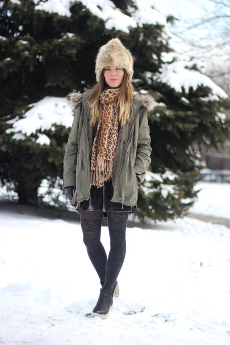 Olive Green Parka with Velvet Dress and Leopard Scarf Olive Green Parka with Velvet Dress and Leopard Scarf — Chicago Winter Outfits