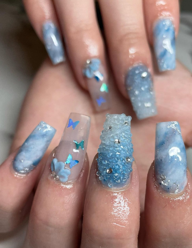 Blue Marble Butterfly 3D Coffin Nails Blue Marble Butterfly 3D Coffin Nails — coffin nail designs