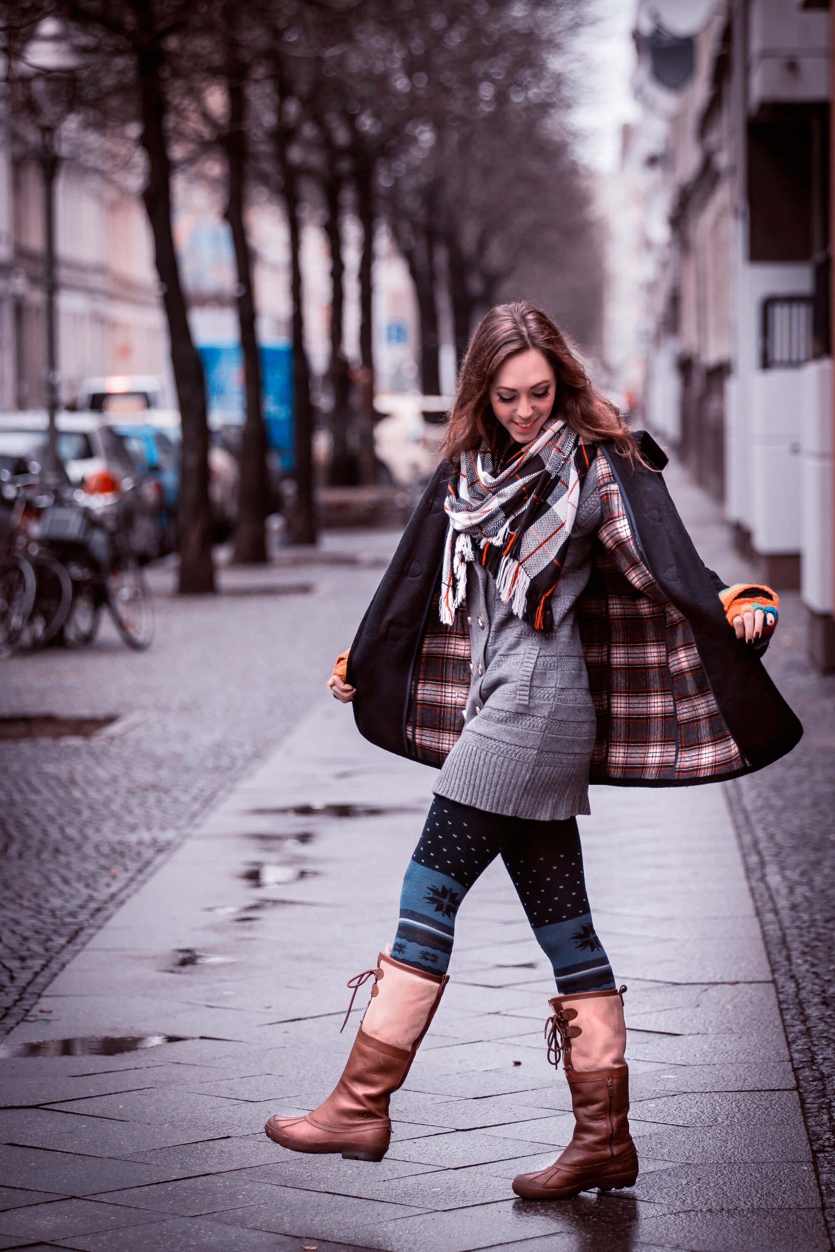 Grey Knit Dress with Patterned Tights and Plaid Scarf — Europe Winter Outfits