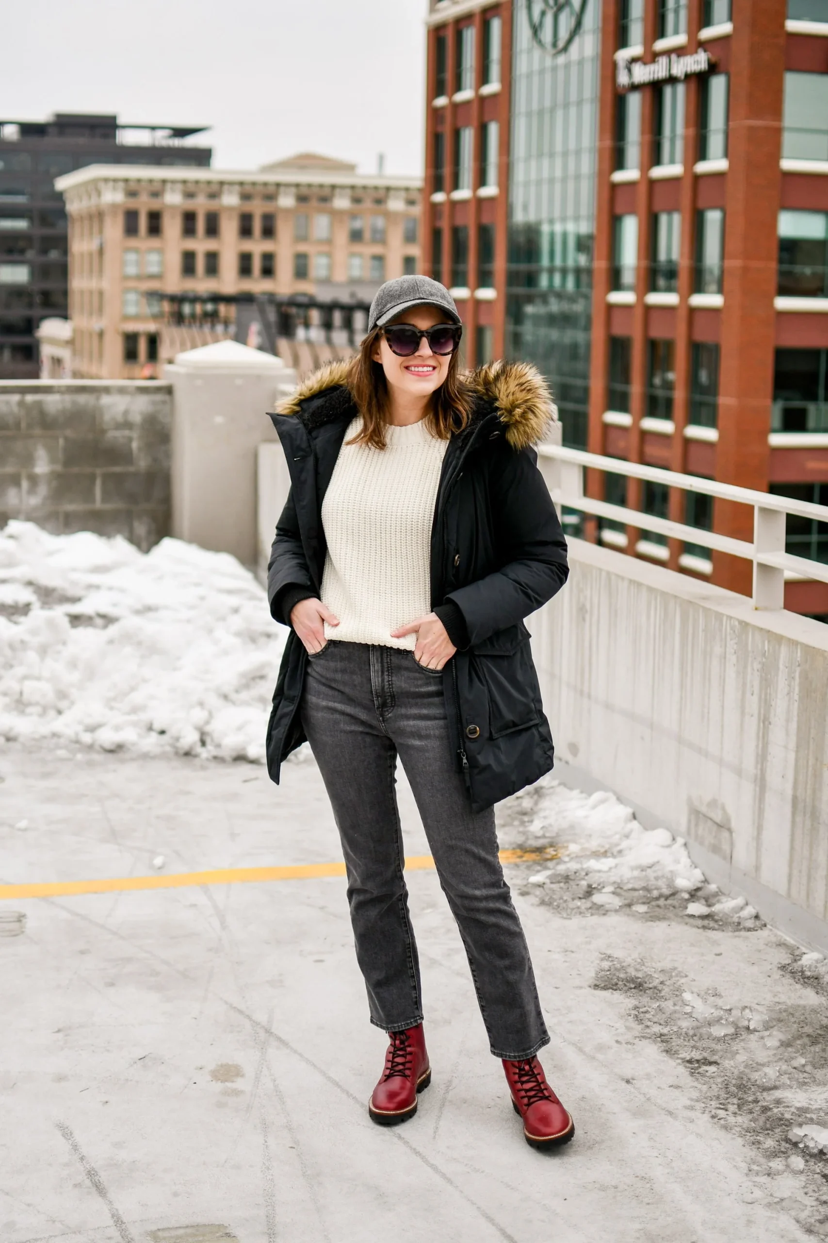 Practical Warmth: Dark Grey Straight Leg Jeans with Parka — Winter Outfits with Jeans