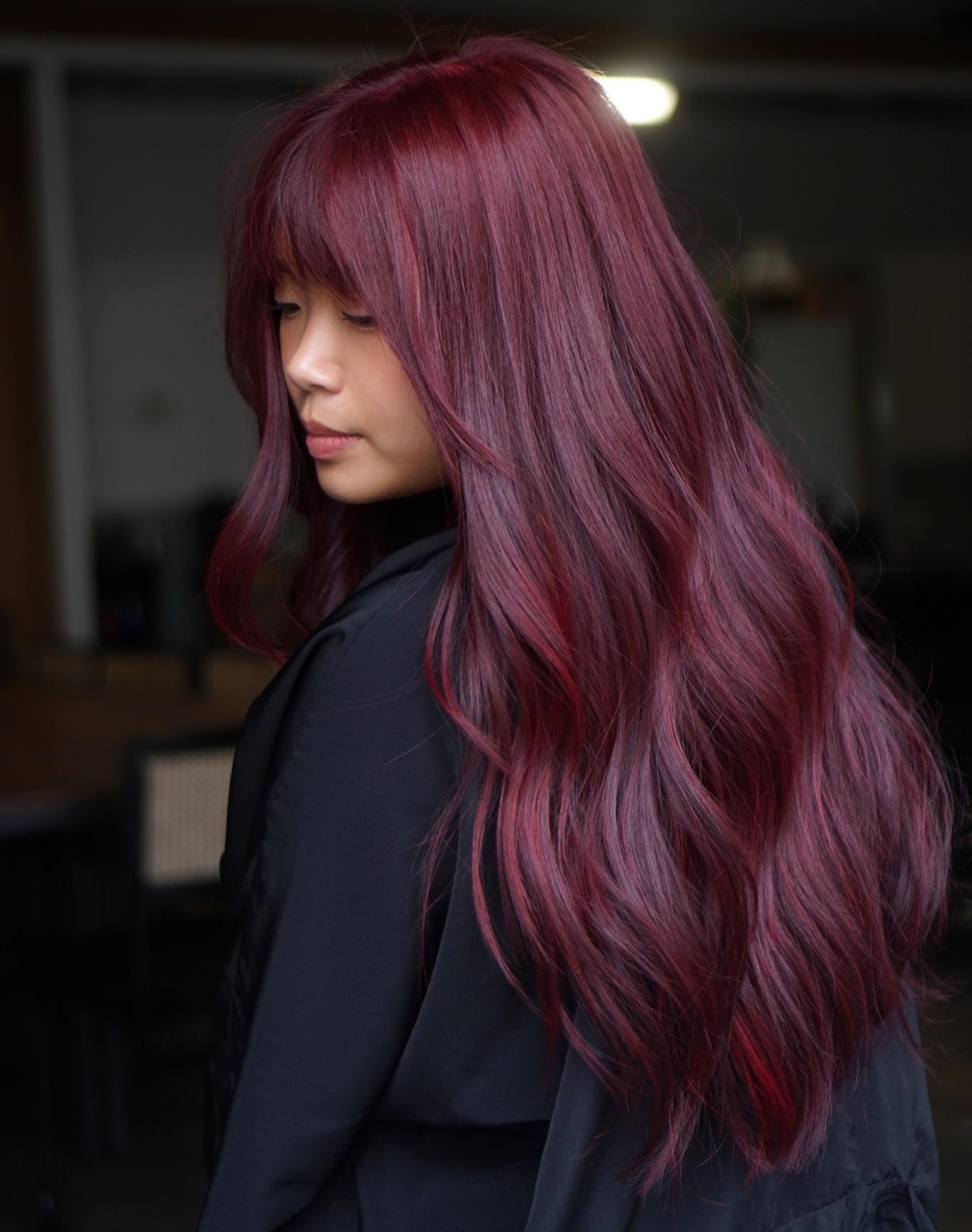 Deep Mahogany with Lighter Highlights and Full Bangs Deep Mahogany with Lighter Highlights and Full Bangs — Mahogany Hair Color
