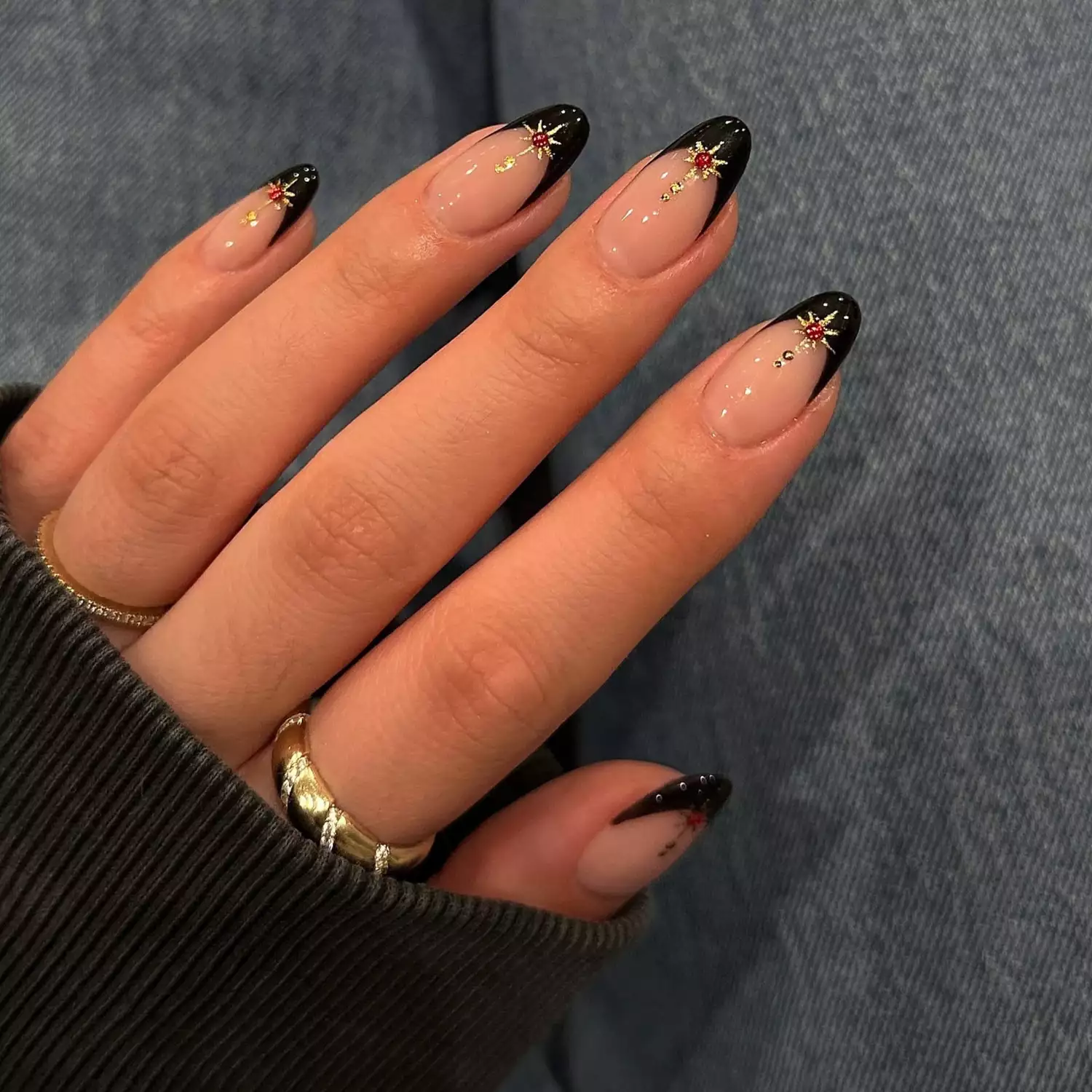 Black Celestial French Almond — Winter French Tip Nails
