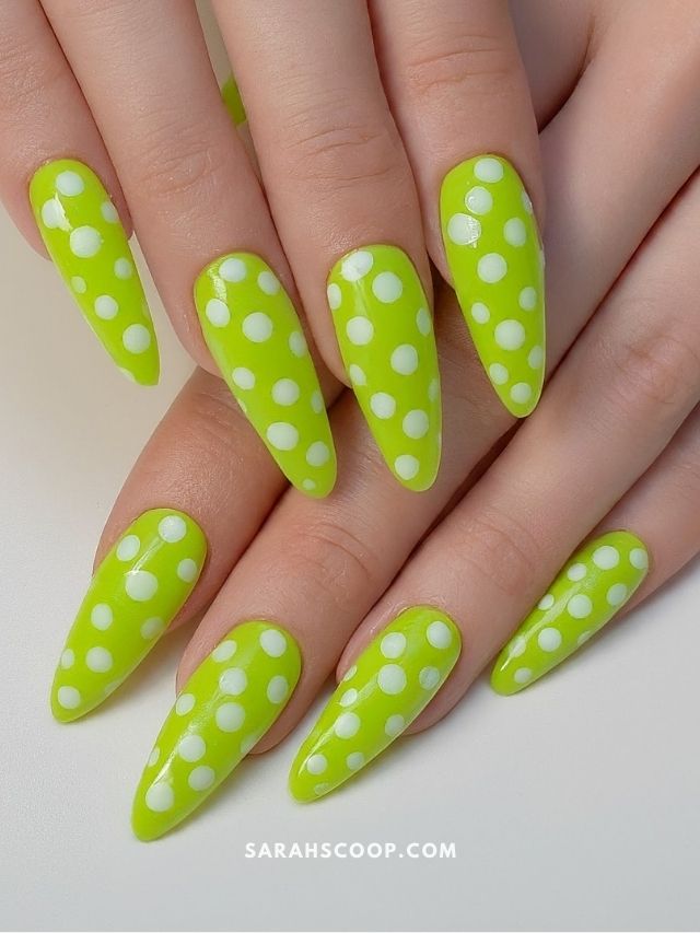 Neon Lime Green with White Polka Dots Neon Lime Green with White Polka Dots — green nail designs