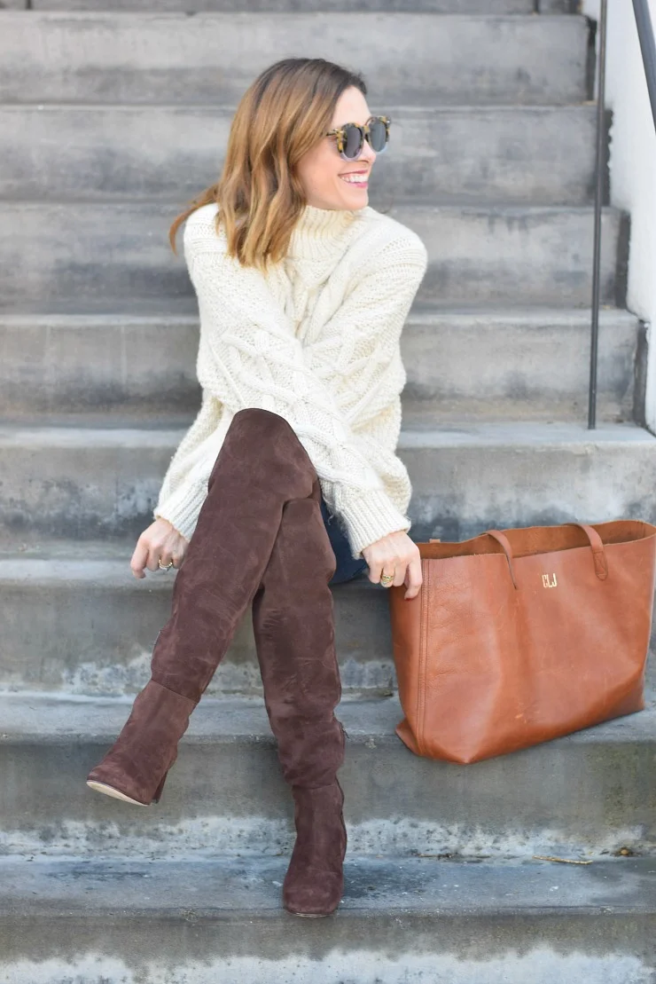 Over-the-Knee Boots with Cable-Knit Sweater Over-the-Knee Boots with Cable-Knit Sweater — Brown Boots Outfits