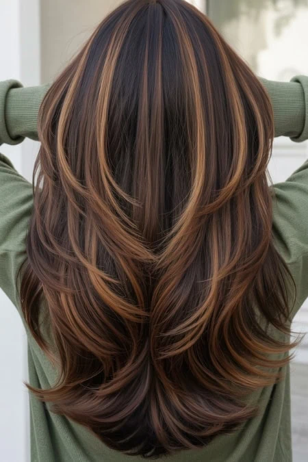 Mid-Back Dark Brown With Caramel Highlights Mid-Back Dark Brown With Caramel Highlights — Winter Layered Haircuts