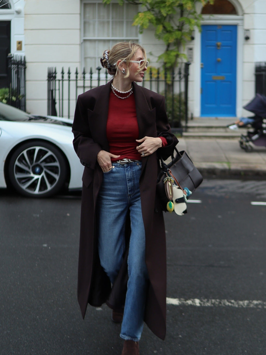 Dark Brown Oversized Coat with Red Top and Olive Trousers Dark Brown Oversized Coat with Red Top and Olive Trousers — Winter Work Outfits