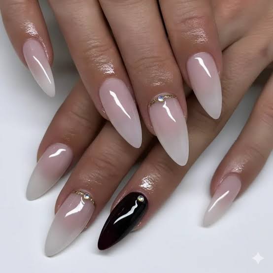 French Ombre Rhinestone Accent Almond Nails French Ombre Rhinestone Accent Almond Nails — Winter Almond Nails