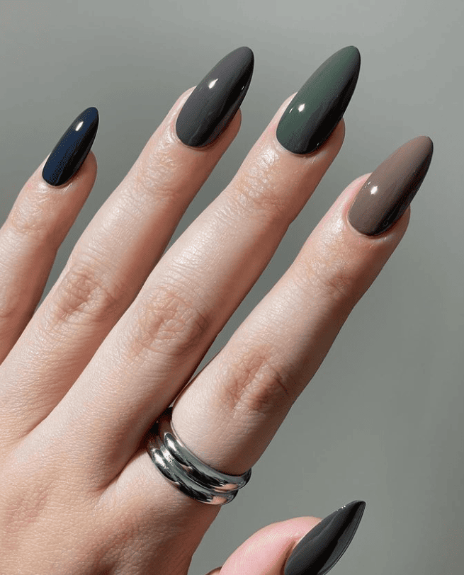 Gradient Dark Muted Colors Stiletto Nails — Winter Nail Colors for Women Over 70