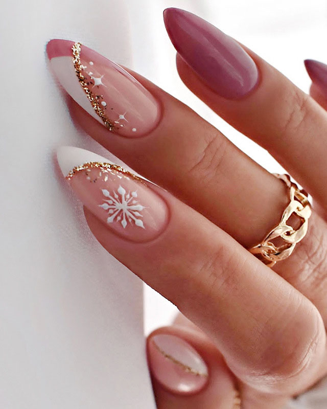 Gold Glitter French Snowflake Almond Nails Gold Glitter French Snowflake Almond Nails — Winter Acrylic Nails