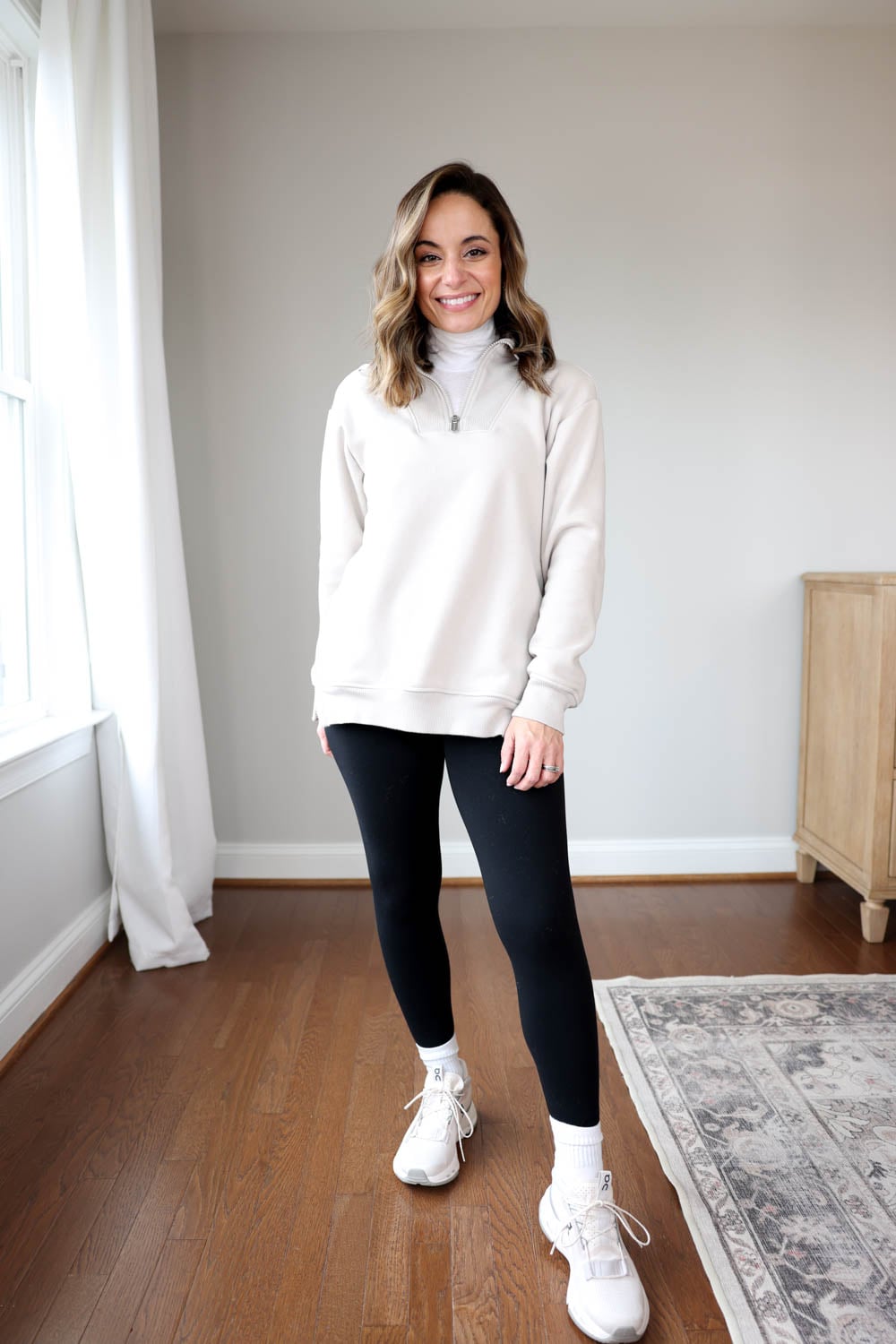Quarter-Zip Sweatshirt and Turtleneck for Layered Warmth — Winter Athleisure Outfits
