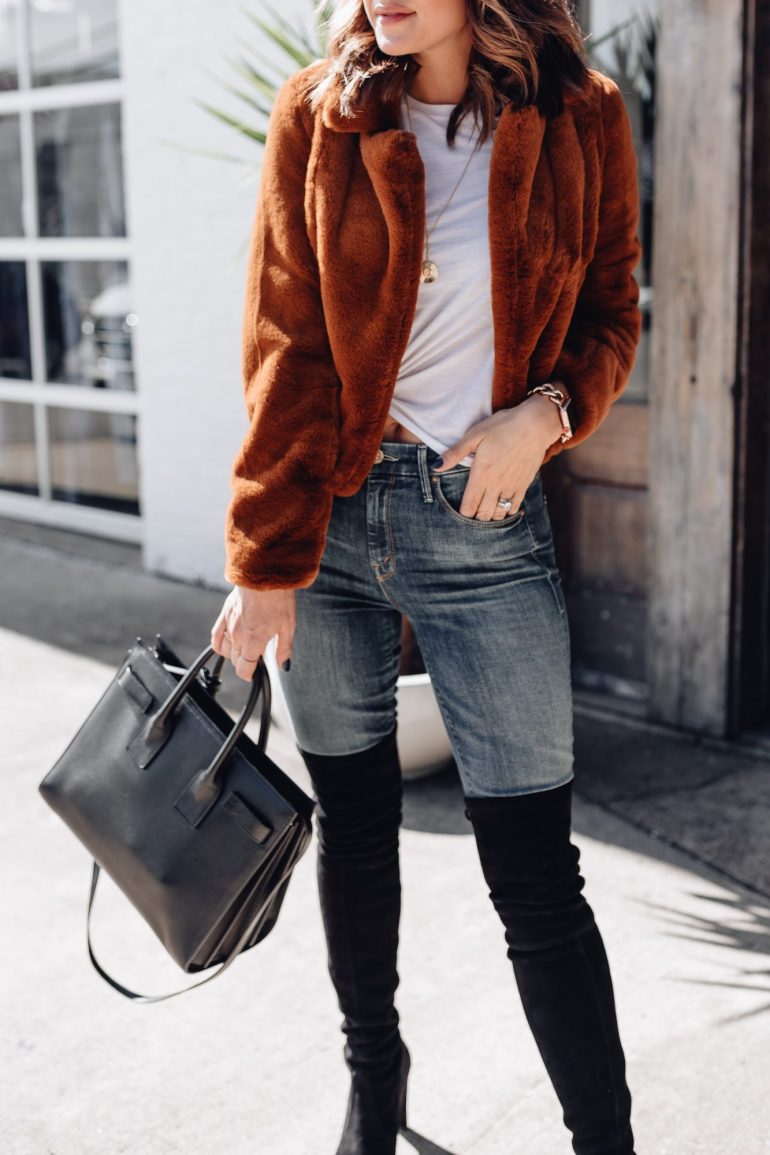 Luxurious Brown Faux Fur Jacket Over Jeans and OTK Boots — Nashville Winter Outfits
