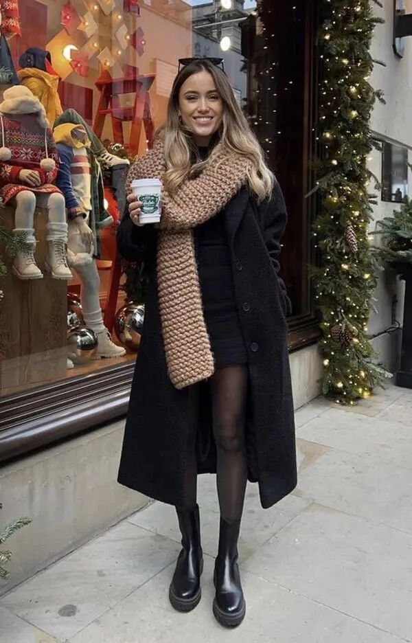Long Black Wool Coat with Chunky Camel Scarf for Chic City Style — Europe Winter Outfits