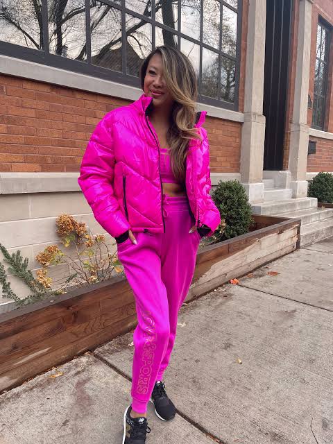 Bright Pink Puffer Jacket Set for a Statement Workout — Winter Workout Outfits
