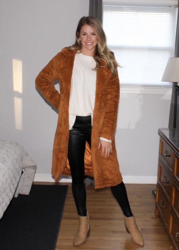 Edgy Casual: Brown Teddy Coat with Faux Leather Leggings — Teddy Coat Outfits