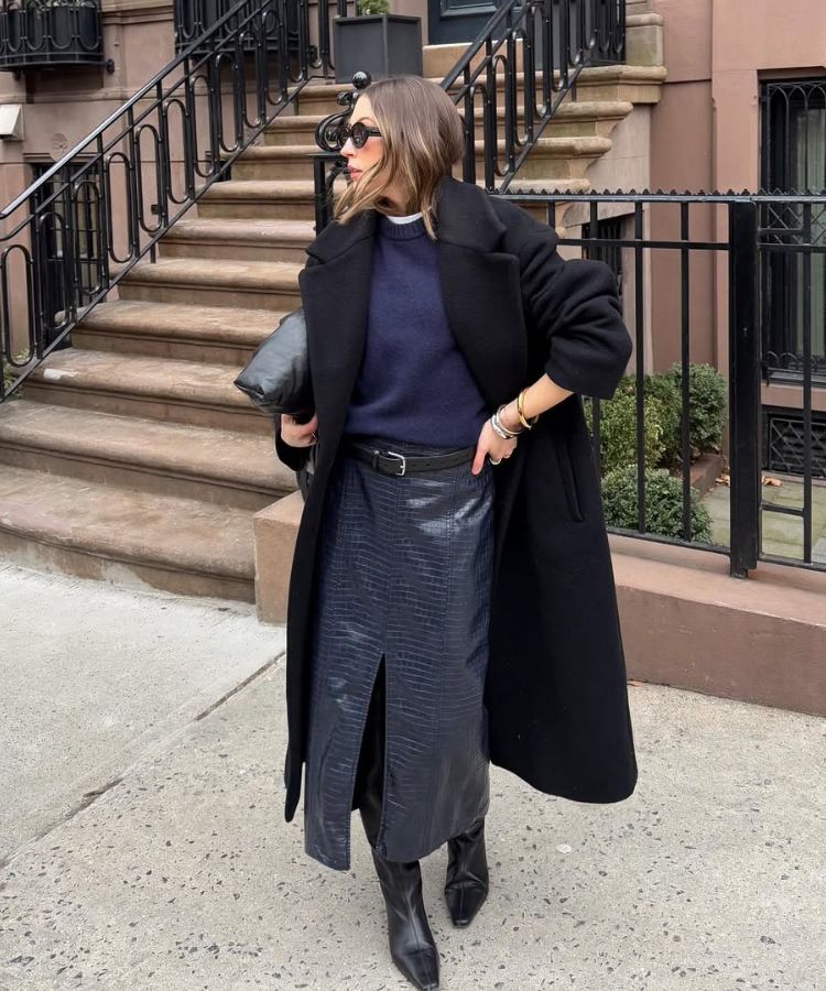 Casual Smart Casual Black Leather Over-the-Knee Boots with Leather Midi Skirt — Over the Knee Boots Outfits