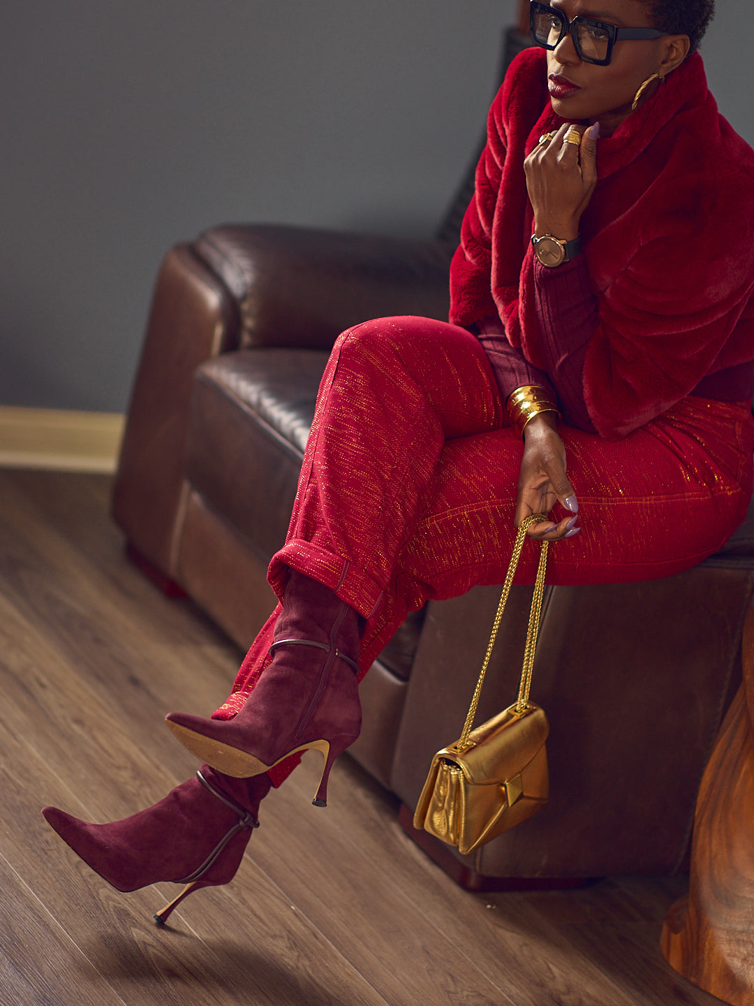 Burgundy Suede Ankle Boots Red Faux Fur Jacket with Metallic Trousers for a Festive Dinner — Winter Dinner Outfits