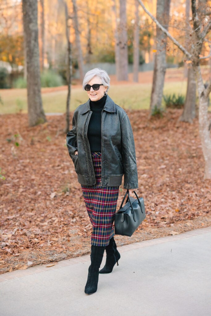 Black Leather Jacket with Plaid Pencil Skirt for Chic Daytime Wear Winter Outfits for Women Over 60