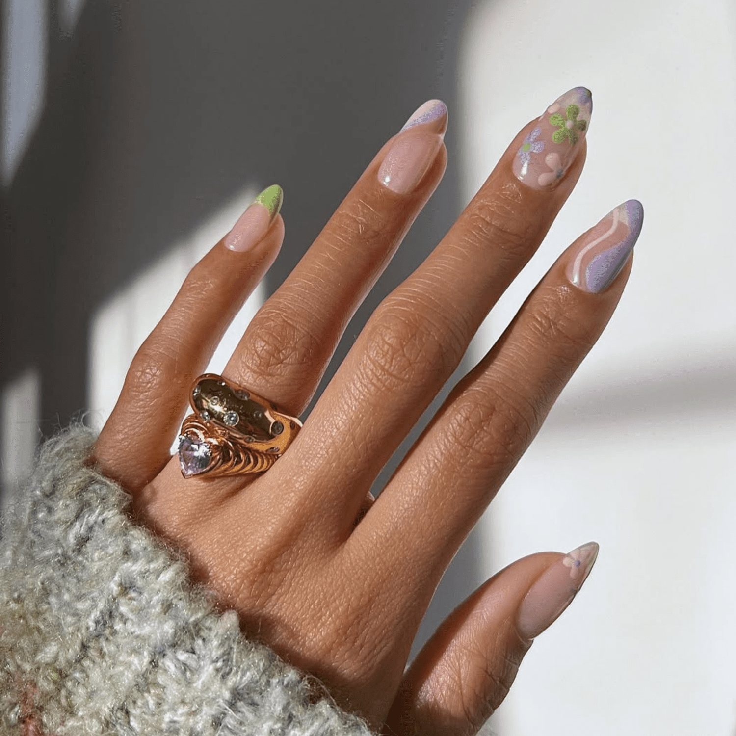 Abstract Swirls Floral French Almond Nails Abstract Swirls Floral French Almond Nails — Winter to Spring Transition Nails