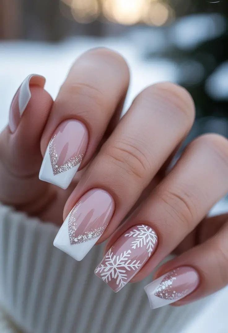 Glossy With Glitter Glitter French Snowflake Long Square Nails Glossy With Glitter Glitter French Snowflake Long Square Nails — Winter Square Nails