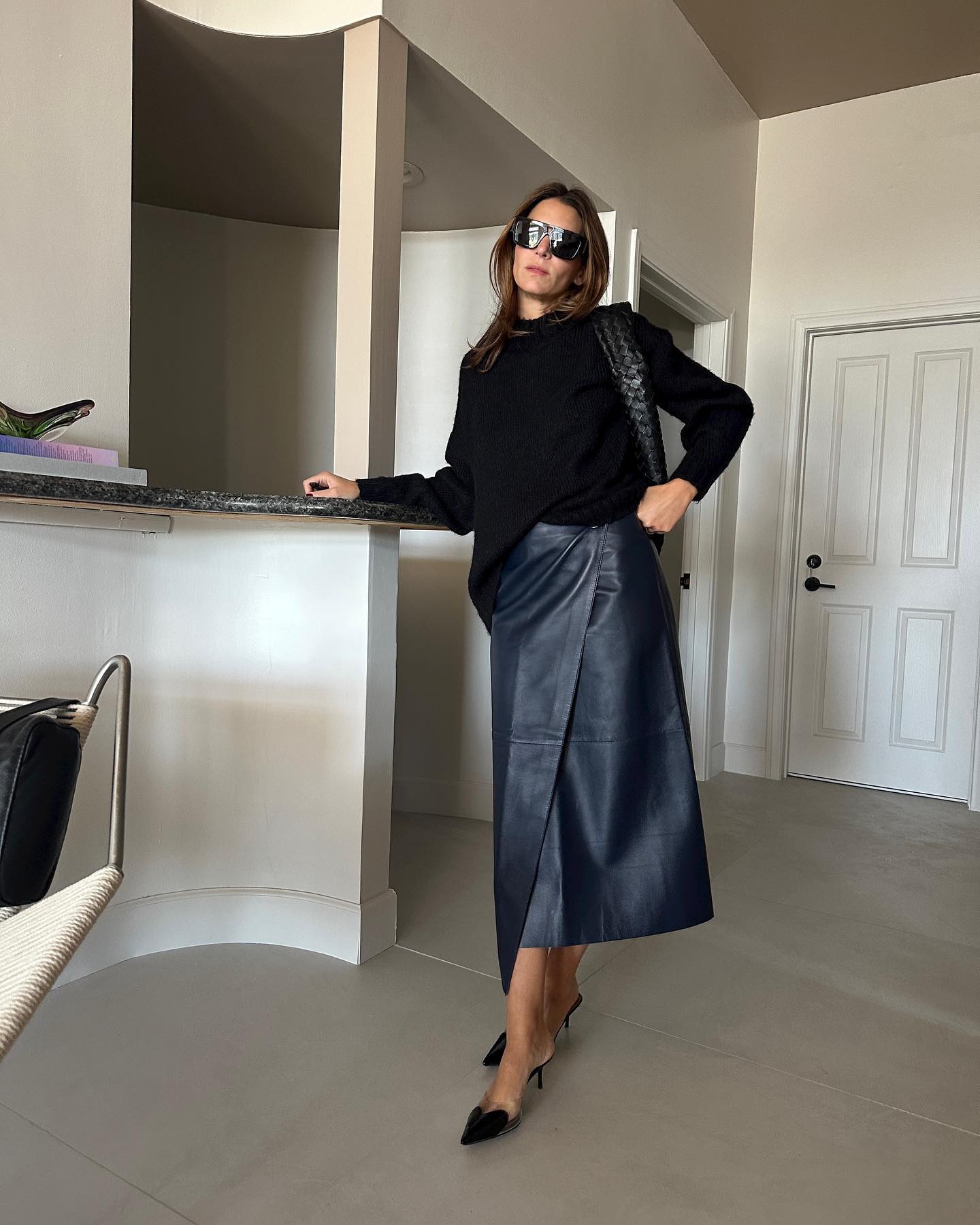 Navy Leather Wrap Midi Skirt with Black Sweater Navy Leather Wrap Midi Skirt with Black Sweater — Leather Skirt Outfits