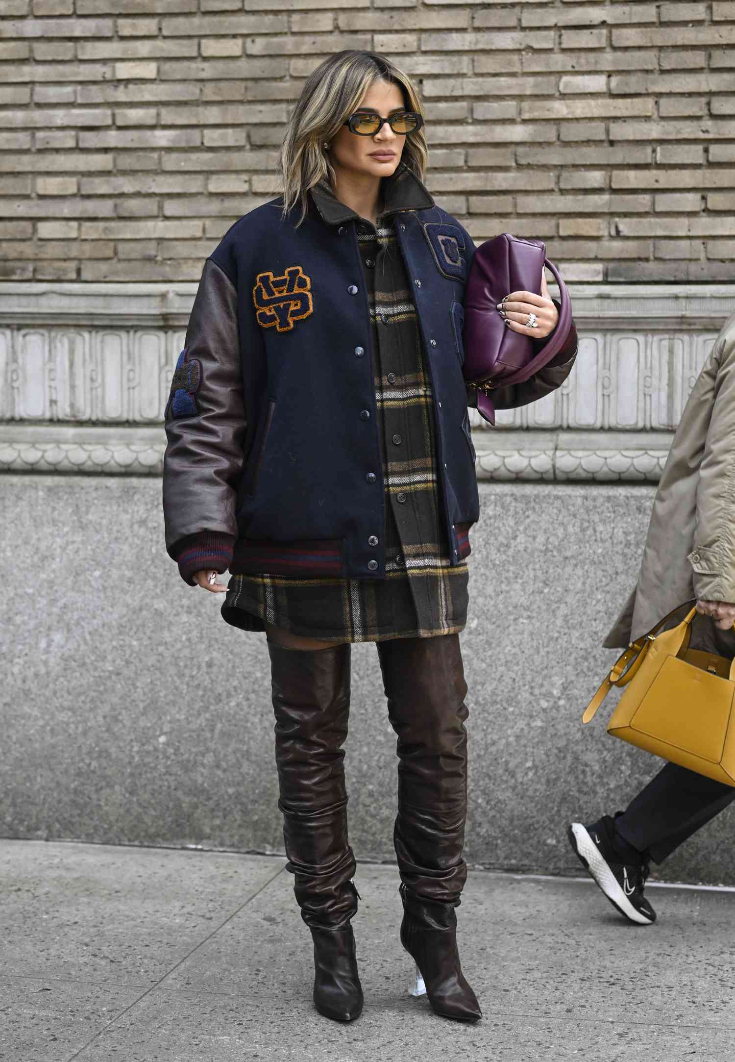 Varsity Bomber Jacket Over Plaid Shirt — Grunge Winter Outfits
