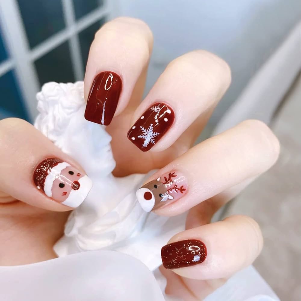 Festive Christmas Characters & Glitter Festive Christmas Characters & Glitter — Short Winter Acrylic Nails