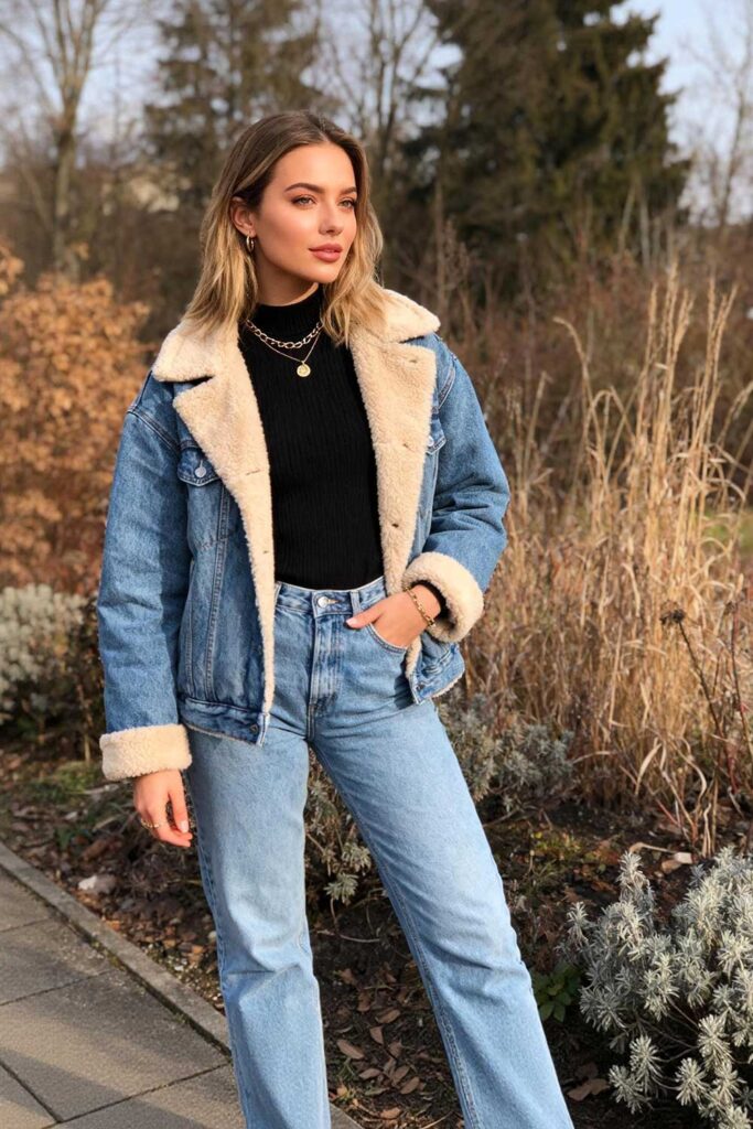 Shearling Lined Style: Straight Leg Jeans with Shearling Denim Jacket — Winter Outfits with Jeans