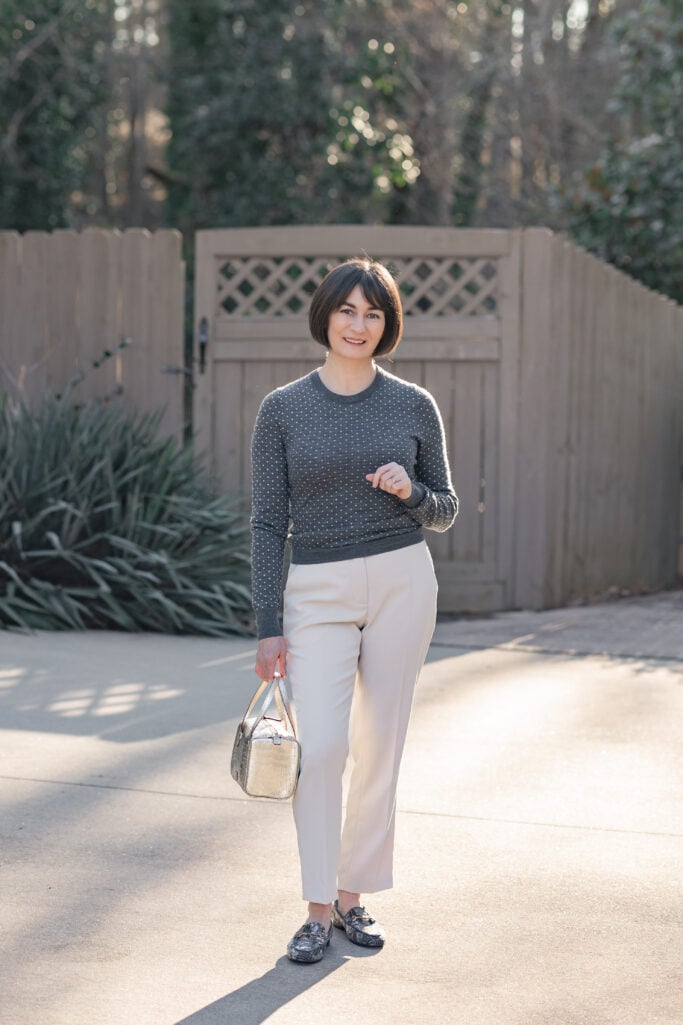 Patterned Knit Sweater with Cream Trousers and Loafers — Winter to Spring Transition Outfits