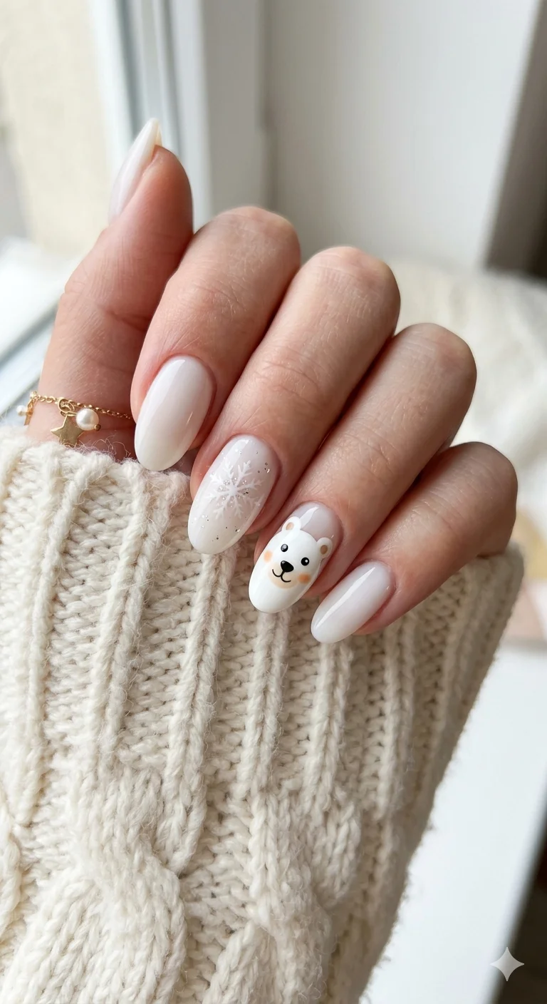 Creamy White with Polar Bear Face Creamy White with Polar Bear Face — Winter Nails for Kids