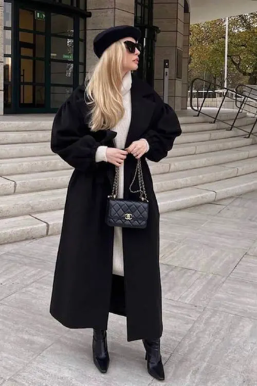 Oversized Coat with Sweater Dress and Beret Oversized Coat with Sweater Dress and Beret — Old Money Winter Outfits