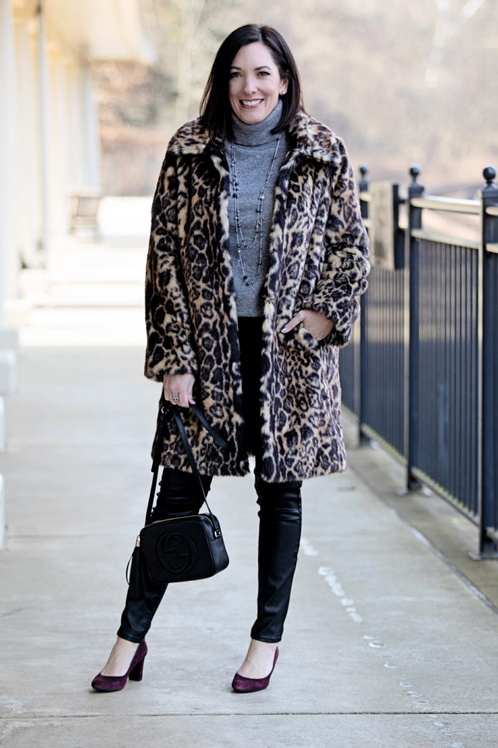 Grey Turtleneck with Leopard Print Faux Fur Coat and Leather Pants — Turtleneck Outfits