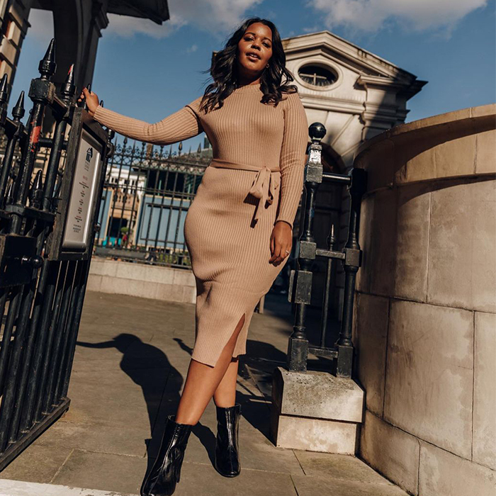 Fitted Camel Ribbed Knit Midi Dress with Side Slit and Belt Fitted Camel Ribbed Knit Midi Dress with Side Slit and Belt — Winter Dress Outfits