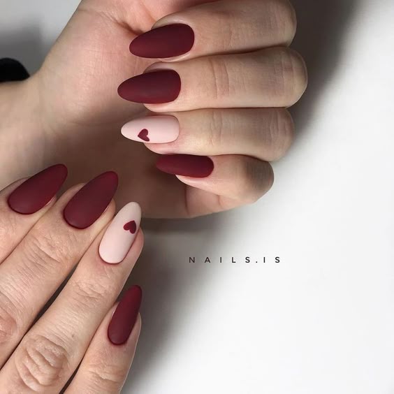 Matte Burgundy with Glossy Heart Accents Matte Burgundy with Glossy Heart Accents — Burgundy Nails