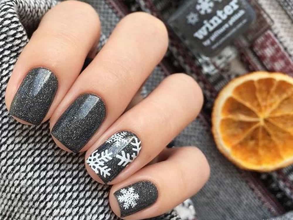 Dark Grey Snowflake Squares Dark Grey Snowflake Squares — Winter Dip Powder Nails