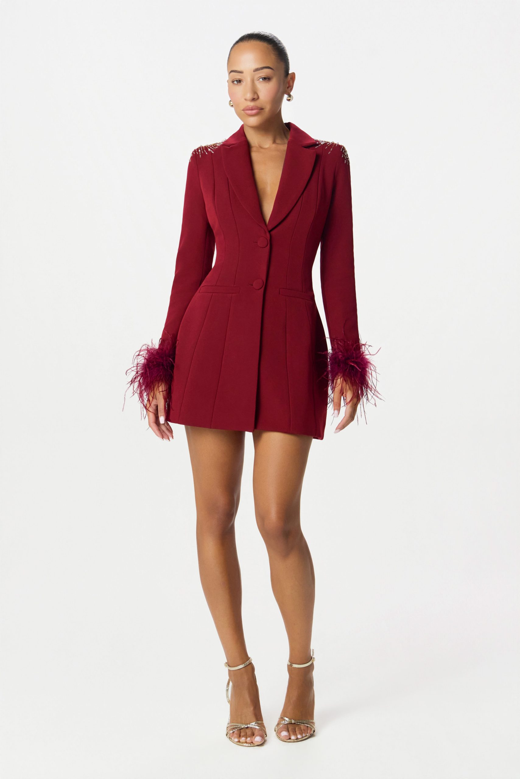 Glamorous Burgundy Blazer Dress with Feathered Cuffs Glamorous Burgundy Blazer Dress with Feathered Cuffs — Burgundy Outfits