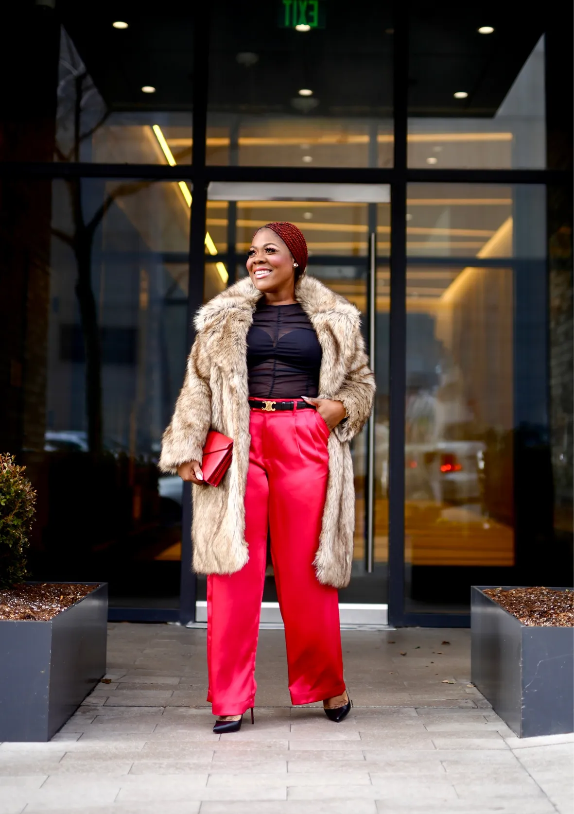 Brown Faux Fur Coat with Red Satin Pants for Nightlife — Faux Fur Coat Outfits