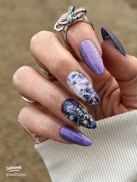 Glossy With Glitter And Decal Elements Purple Glitter Snowflake Swirl Almonds Glossy With Glitter And Decal Elements Purple Glitter Snowflake Swirl Almonds — Winter Purple Nails