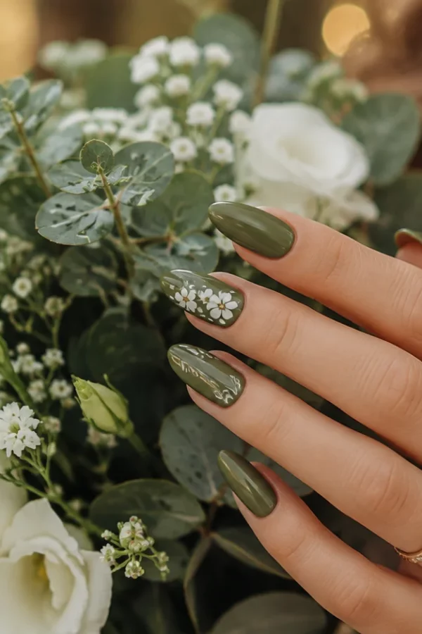 Olive Green with Daisy Motifs Olive Green with Daisy Motifs — green nail designs