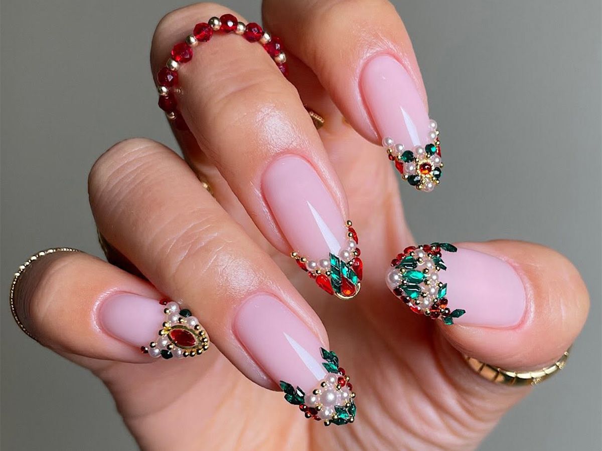 Medium Almond Festive French Gems Nails Medium Almond Festive French Gems Nails — Winter Nail Colors for Women Over 60