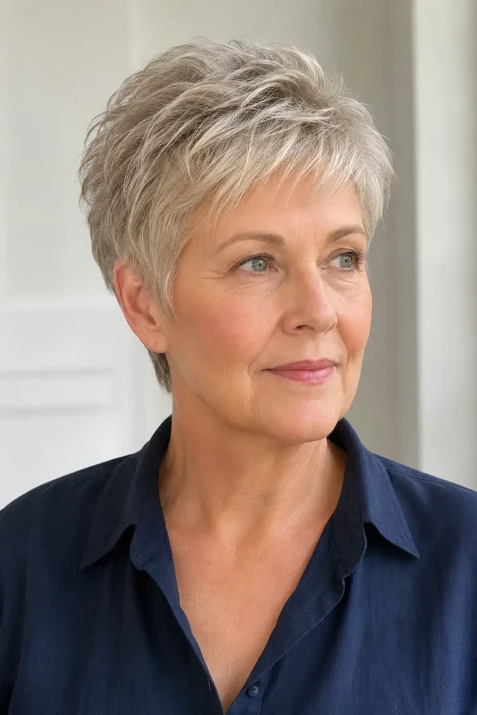 Textured Grey Pixie with Layered Bangs Textured Grey Pixie with Layered Bangs — very short women haircuts