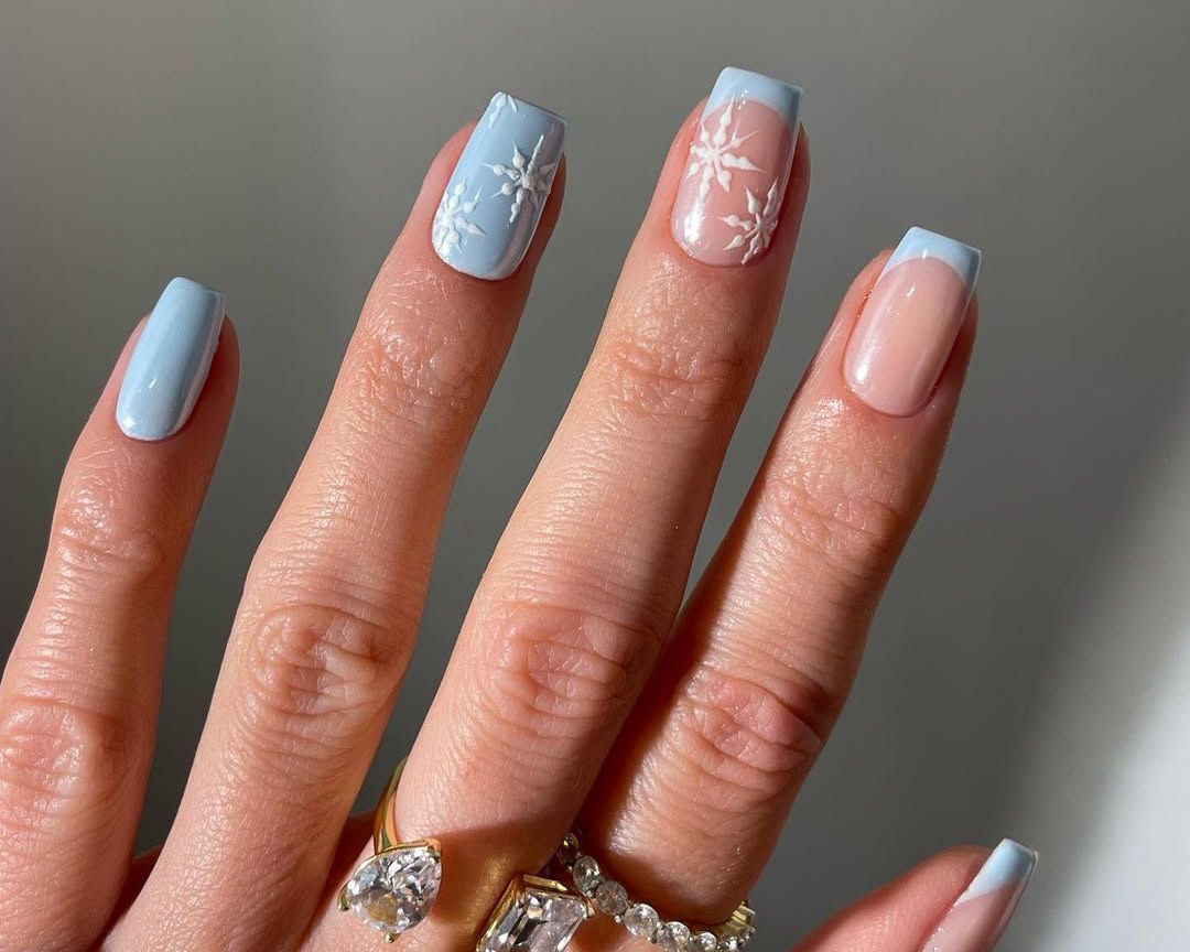 Pastel Blue French With Snowflake Art Pastel Blue French With Snowflake Art — Minimalist Winter Nails