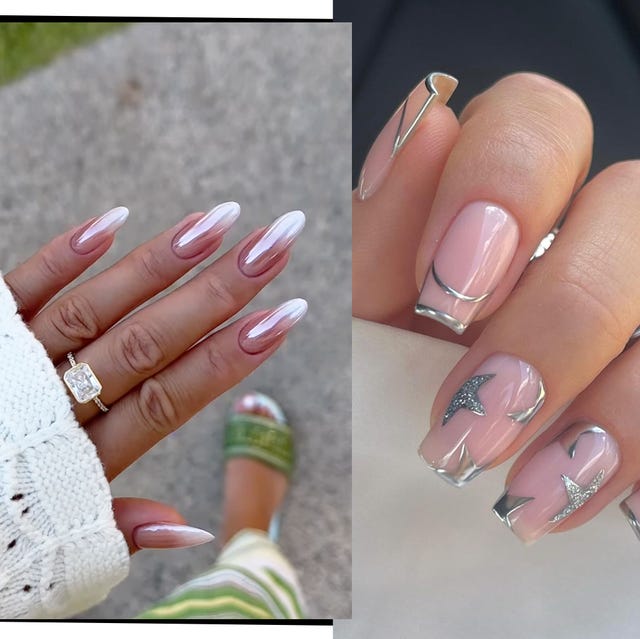 Nude Chrome French Tip Star Accent — Some Nails Have Silver Star Accents Nude Chrome French Tip Star Accent — Some Nails Have Silver Star Accents — Winter Chrome Nails
