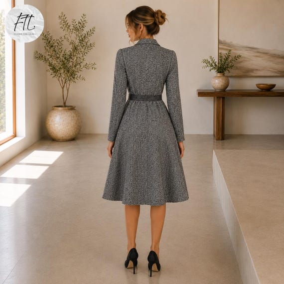 Grey Tweed Midi Dress with Belted Waist Grey Tweed Midi Dress with Belted Waist — Dressy Winter Outfits