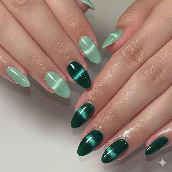 Contrasting Green Cat Eye Shades Contrasting Green Cat Eye Shades — Winter Cat Eye Nails