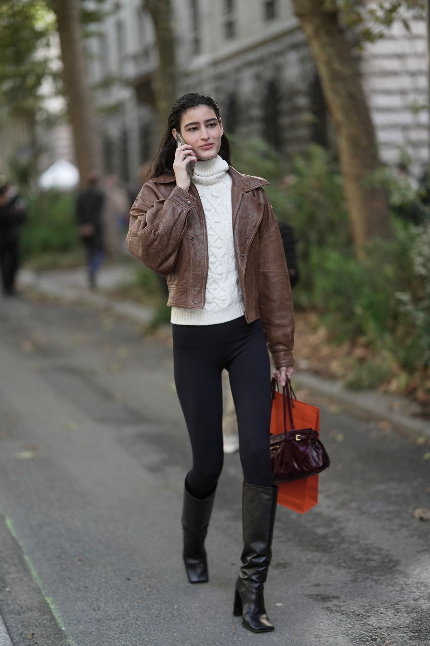 Brown Leather Jacket and Cable Knit Sweater with Black Leggings Brown Leather Jacket and Cable Knit Sweater with Black Leggings — Winter Outfits with Leggings